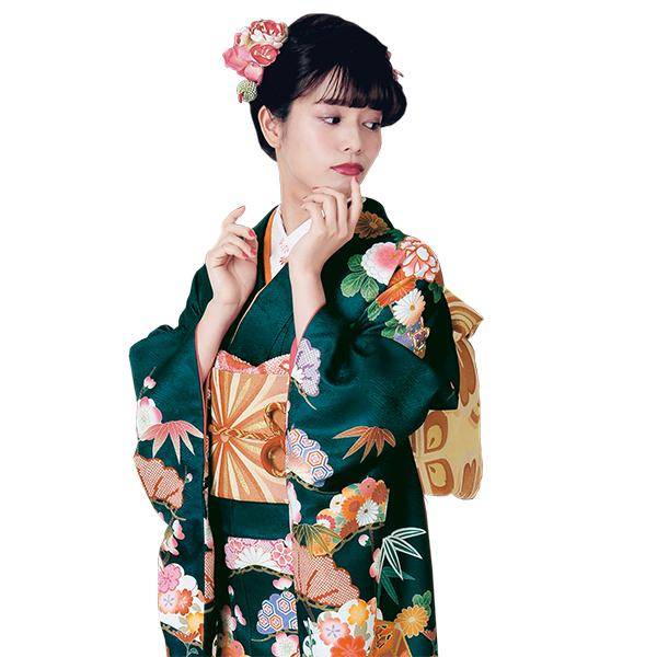 H.L（アッシュ・エル） 振袖3点セット 濃渋グリーン・黒染分け地貝桶に