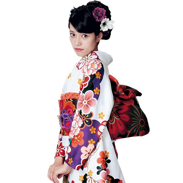 H.L（アッシュ・エル） 振袖3点セット 白地紫雲取り吉祥花 振袖 袋帯