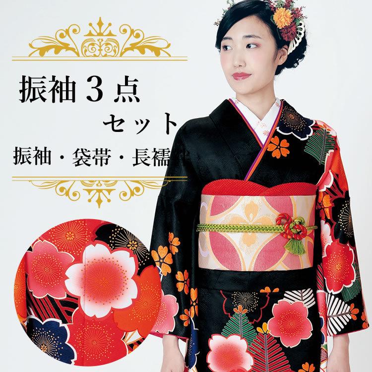 H.L（アッシュ・エル） 振袖3点セット 黒地大輪桜紋 振袖 袋帯 長襦袢
