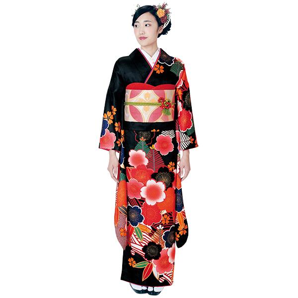 H.L（アッシュ・エル） 振袖3点セット 黒地大輪桜紋 振袖 袋帯 長襦袢