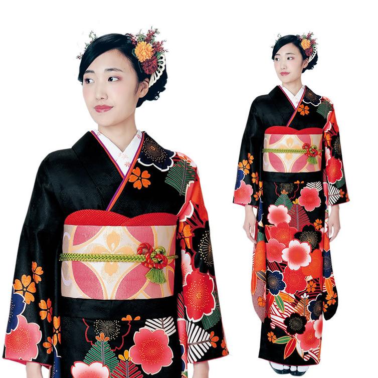 美品　桜柄の振袖 袋帯セット H.L（アッシュ・エル） 振袖3点セット 黒地大輪桜紋 振袖 袋帯 長襦袢