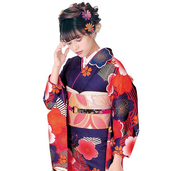 H.L（アッシュ・エル） 振袖3点セット 濃紫地大輪桜紋 振袖 袋帯