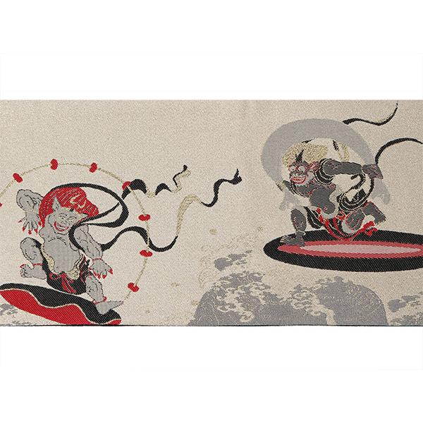 半幅帯 単品 ベージュ 白 金 風神雷神 リバーシブル 着物 帯
