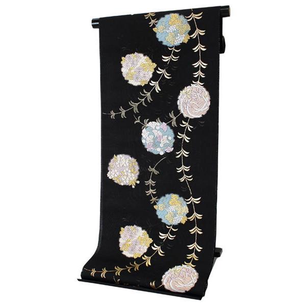名古屋帯 正絹 新品 未仕立て 仕立てつき 西陣織 反物 黒 雪輪 菊 桜