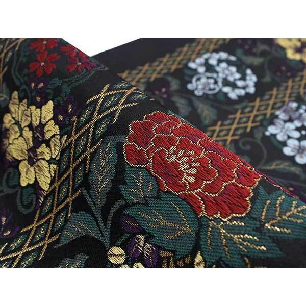 袋帯 洒落 黒 金 紫 緑 赤 花唐草 花 牡丹 萩 菊 単品 新品 訪問