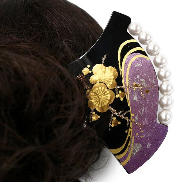 かんざし バチ型 黒 紫 パール 梅 二本足 和装小物 簪 髪飾り ヘア