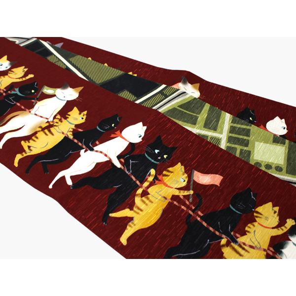 半幅帯 正絹 長尺 リバーシブル 日本製 単品 濃赤 猫 半巾帯 WAKKA