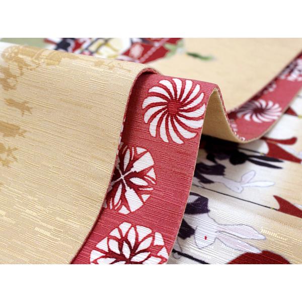 半幅帯 正絹 長尺 リバーシブル 日本製 単品 ベージュ 兎 半巾帯 WAKKA