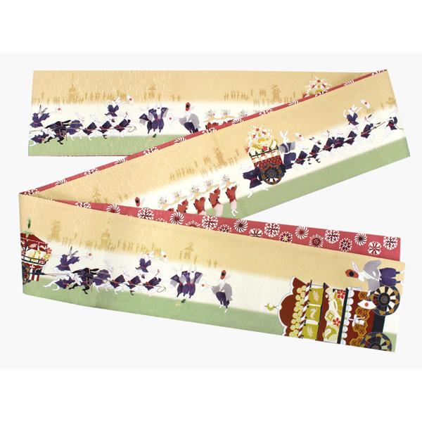 半幅帯 正絹 長尺 リバーシブル 日本製 単品 ベージュ 兎 半巾帯 WAKKA
