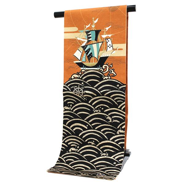名古屋帯 正絹 新品 仕立て上がり カジュアル オレンジ 船 未使用 絹