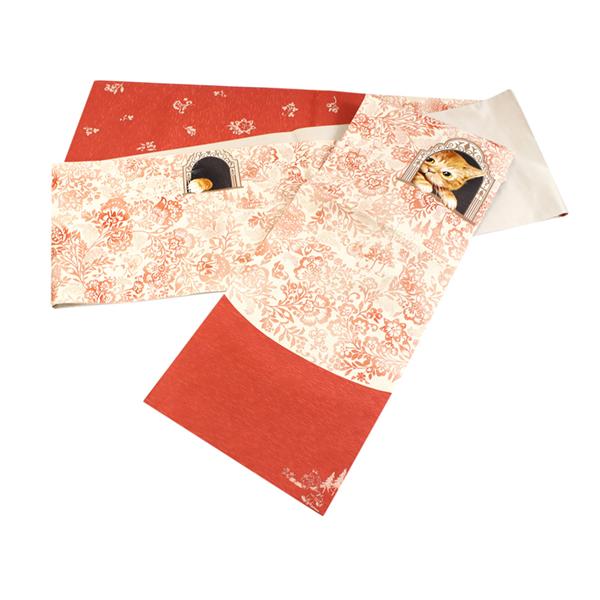 名古屋帯 正絹 新品 仕立て上がり カジュアル ベージュ 猫 未使用 絹