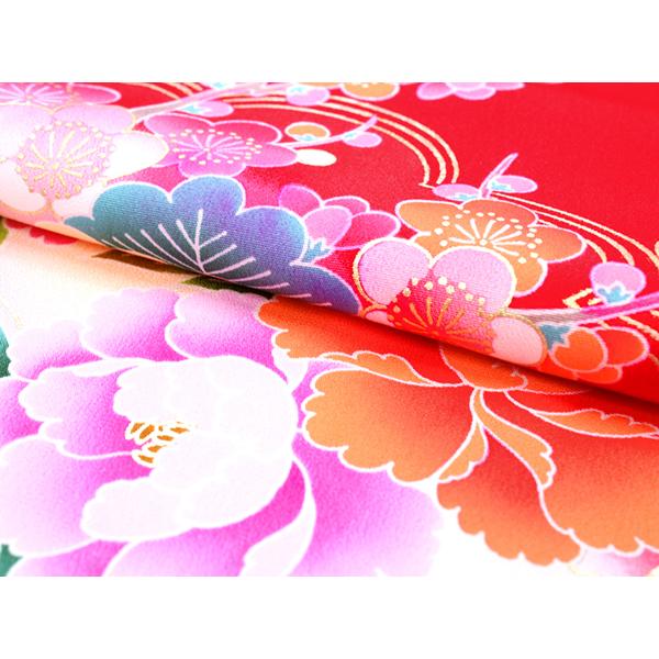 七五三 着物 7歳 赤 蝶 四つ身 女の子 ピンク 扇 牡丹 古典 長襦袢