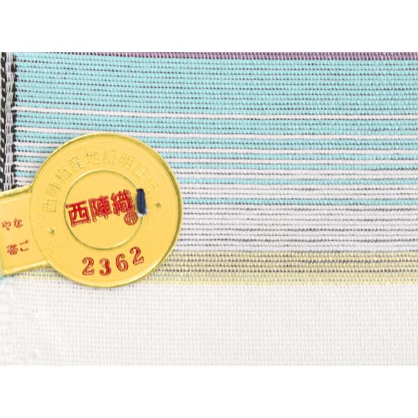 名古屋帯 正絹 新品 未仕立て 仕立てつき 西陣織 反物 白地 緑 縞 花織