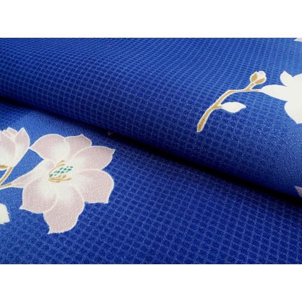 洗える着物 4点セット 袷 Lサイズ 青地 格子 山桜 きもの 茶色 幾何学