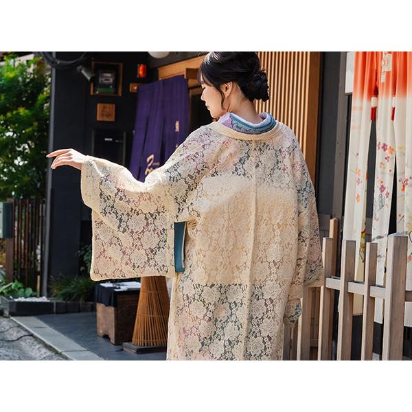 レース羽織 着物 オフホワイト 花柄 Mサイズ 薄羽織 長羽織 カジュアル 
