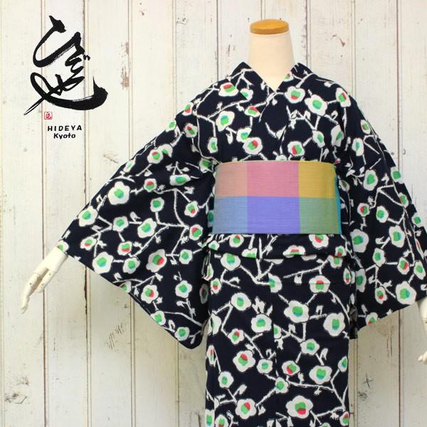 新品タグ付き　ひでや工房　浴衣 女性浴衣 ひでや工房オリジナルゆかた 仕立上がり 濃紺地椿柄 綿