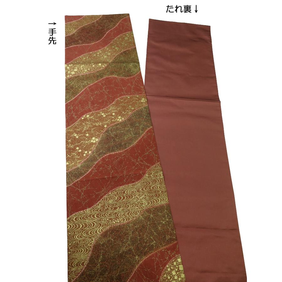 美品 石川県指定無形文化財 牛首紬 全通柄 袋帯／れんが色系（3500748  
