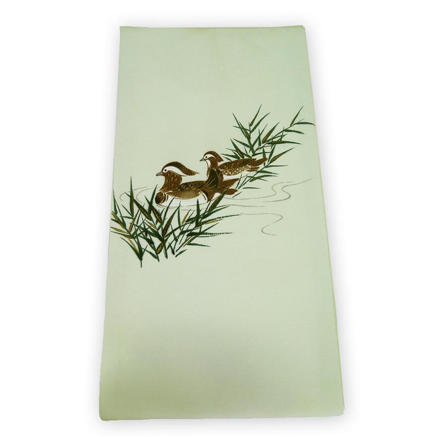 誂え流れ 未使用品 山科春宣 ちりめん 九寸名古屋帯 鴛鴦／淡緑  