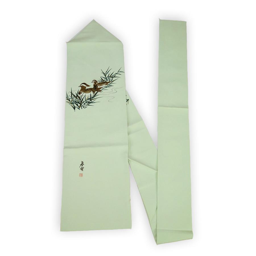 誂え流れ 未使用品 山科春宣 ちりめん 九寸名古屋帯 鴛鴦／淡緑  