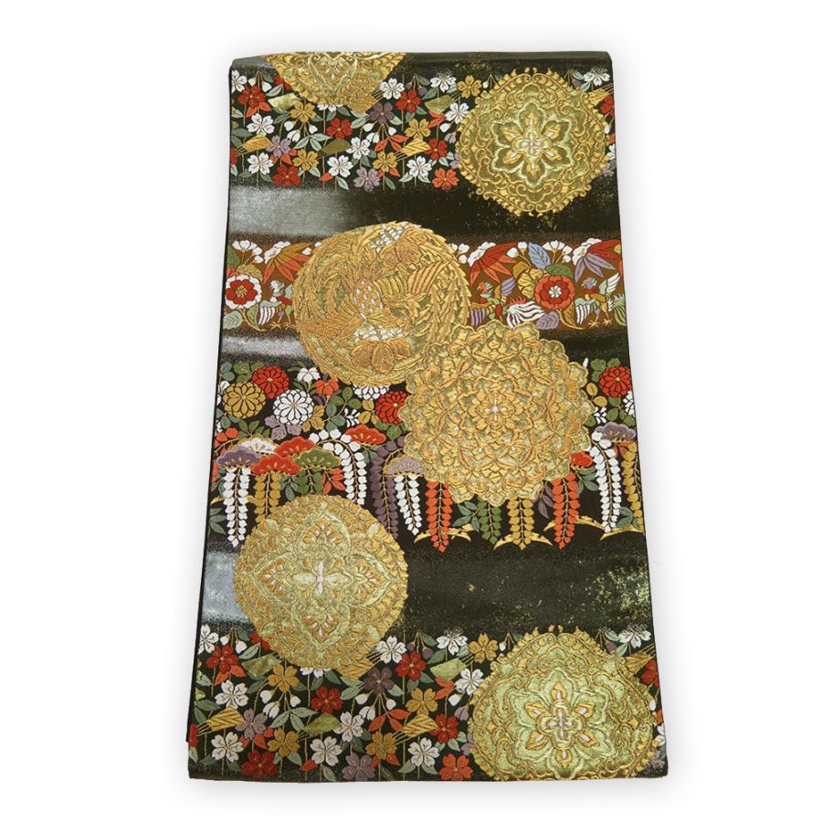 中古】美品 引箔 振袖用 六通柄 袋帯 能衣秀粋文 黒地（b3481283  