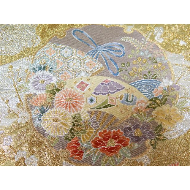 六通柄袋帯　唐織　花鳥雪輪文　本金箔 中古】美品 本金箔 六通柄 袋帯 雪輪流水花車文／金（b3507891