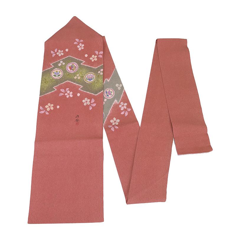 中古】美品 京友禅作家 松井佚鴦 ちりめん 九寸名古屋帯 サーモン