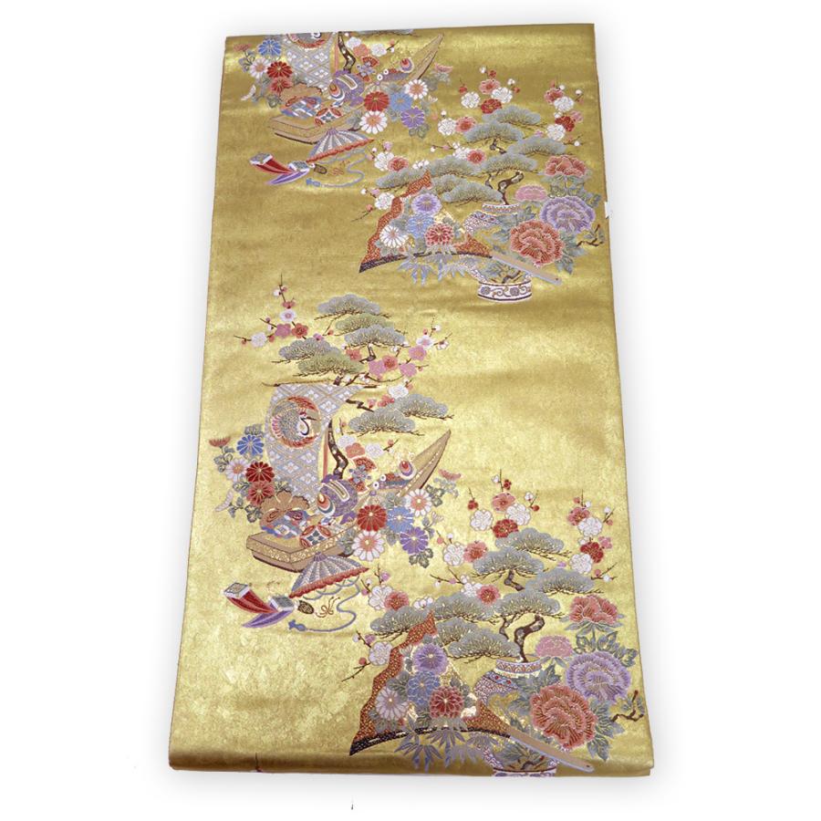 中古】美品 本金箔 瀞金錦 長嶋成織物 ながしま帯 お太鼓柄 袋帯 