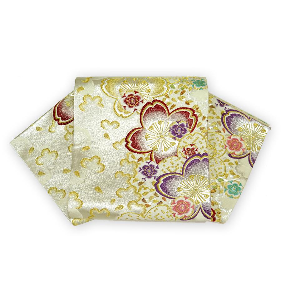中古】美品 振袖用 六通柄 袋帯 桜花文様／白銀（b3560094