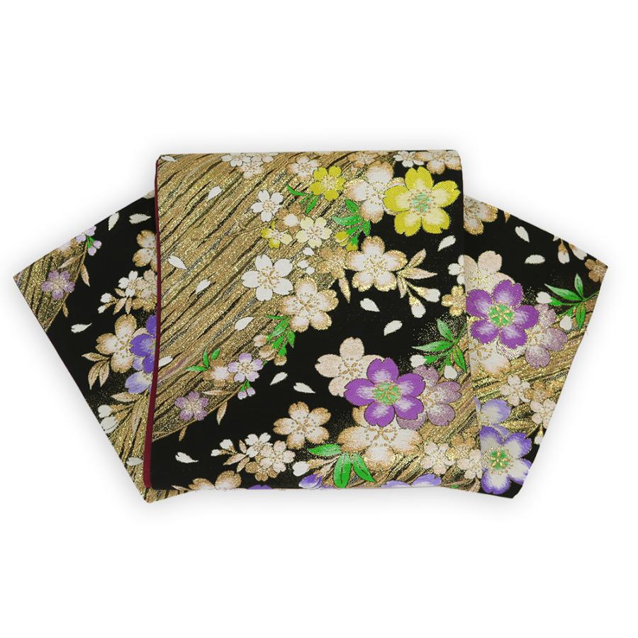 中古】美品 振袖用 六通柄 袋帯 桜花文様／黒・金（b3563248