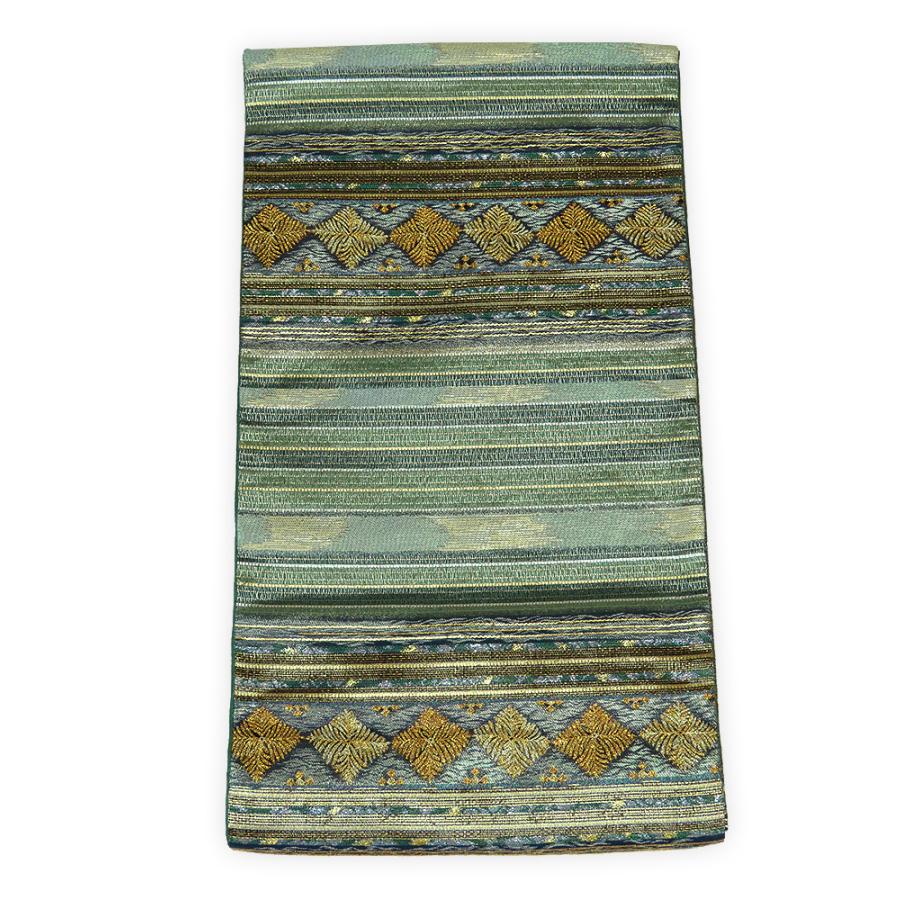 中古】美品 六通柄 しゃれ袋帯 横段松葉文様／緑色系（b3580214 