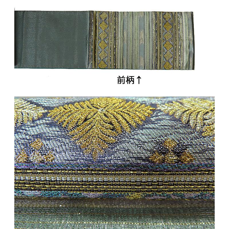 中古】美品 六通柄 しゃれ袋帯 横段松葉文様／緑色系（b3580214 