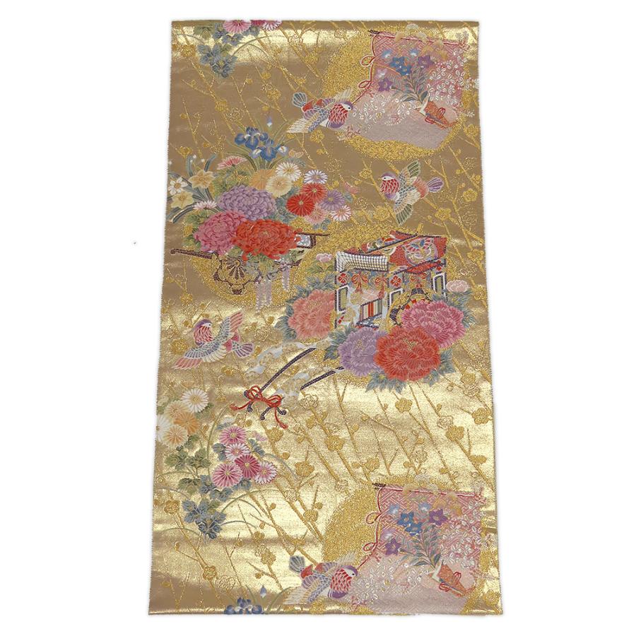 中古】美品 長嶋成織物 六通柄 袋帯 本金箔 迎春御車丸文 金地 