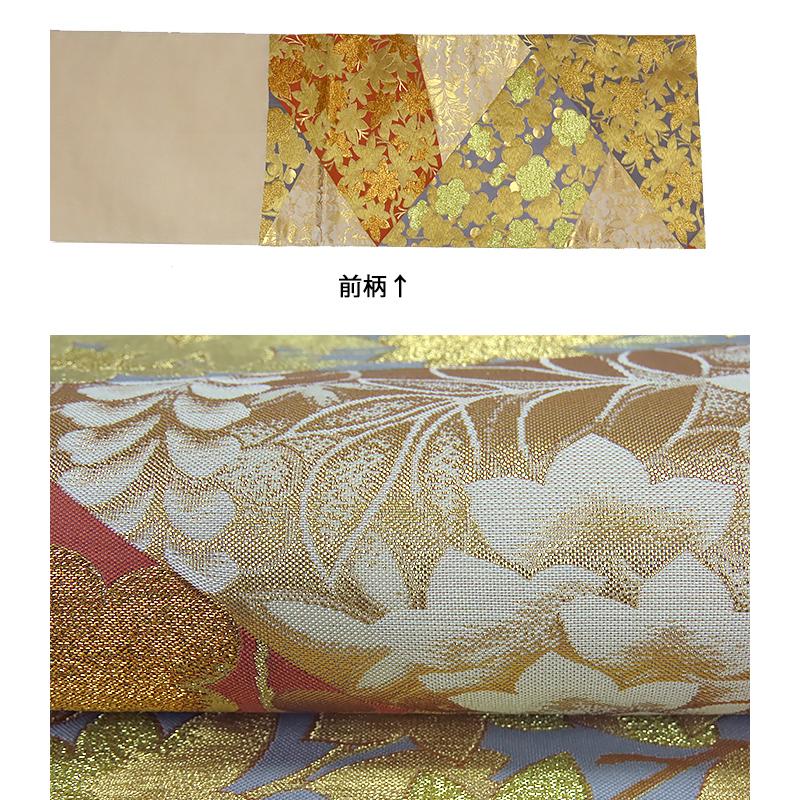 美品 六通柄 袋帯 梅楓藤文様 金・浅緋・薄青鼠(b363547 美品 六通柄 袋帯 梅楓藤文様 金・浅緋・薄青鼠(b363547