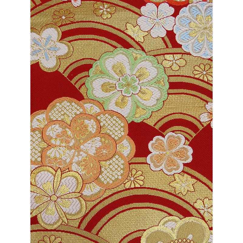 中古】美品 長尺 振袖用 全通柄 袋帯 桜菊扇文様 赤・