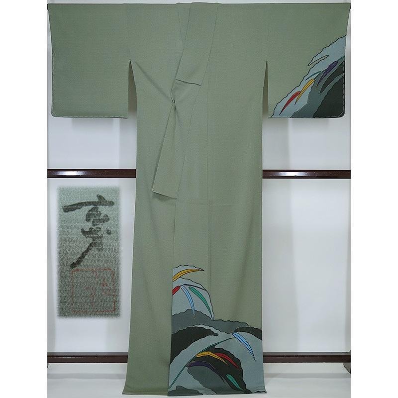 □夏着物 【中古】 美品 大久保玄才 付下げ 絽縮緬 グレー （k3082336 