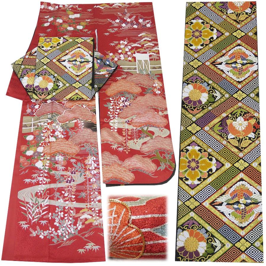 □2点セット 【中古】 正絹 振袖 唐織 六通柄 袋帯 緋色・黒に近い茶
