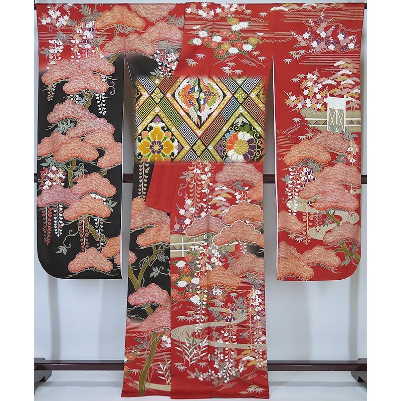 □2点セット 【中古】 正絹 振袖 唐織 六通柄 袋帯 緋色・黒に近い茶