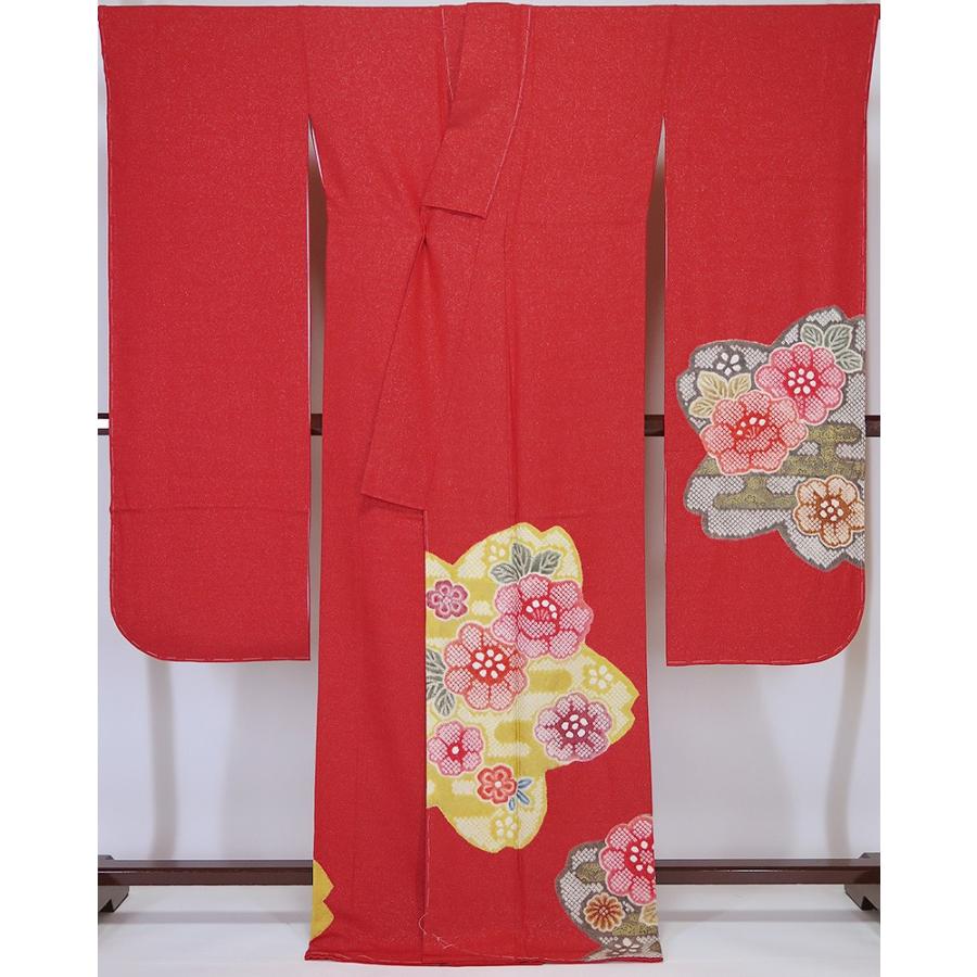 □2点セット 【中古】美品 絞り振袖 朱赤 ポリ長襦袢 （k3387264
