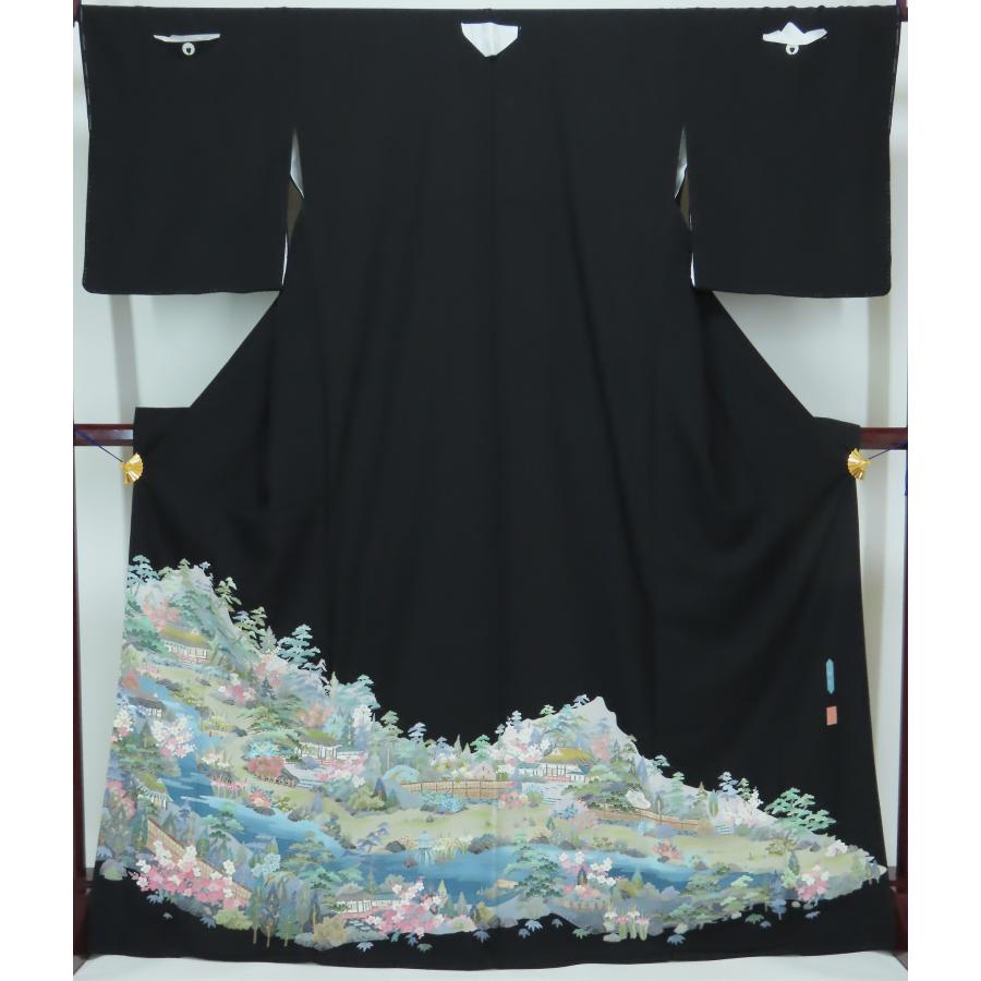 黒留袖 本場加賀友禅 佐藤潤 家紋 下り藤 裄68cm 身丈166cm 【中古】美