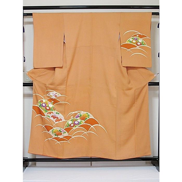 附下げ】袷着物 紋綸子（さや型）／波取りに菊 梅 牡丹 桐／154cm前後 