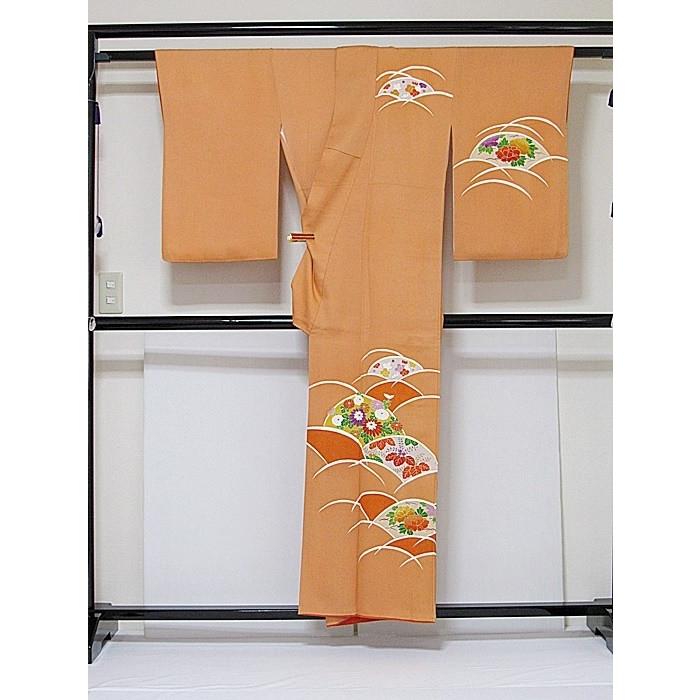 附下げ】袷着物 紋綸子（さや型）／波取りに菊 梅 牡丹 桐／154cm前後 