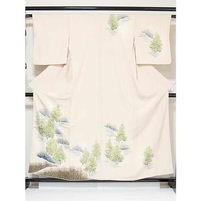 附下げ】袷着物 縮緬／森林絵図／157cm前後ベスト☆クリーム【美品 