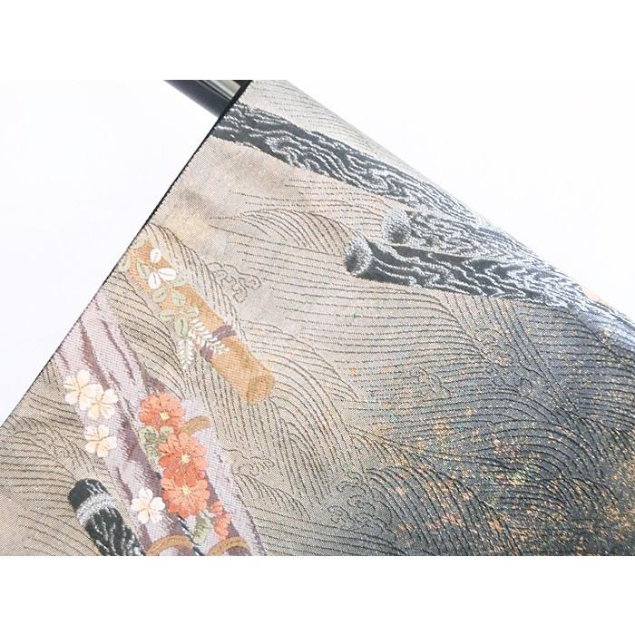 錦 袋帯】【摺出し箔】花筏（はないかだ）／黒字からグレー【美品 