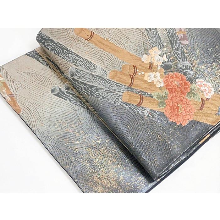 錦 袋帯】【摺出し箔】花筏（はないかだ）／黒字からグレー【美品 