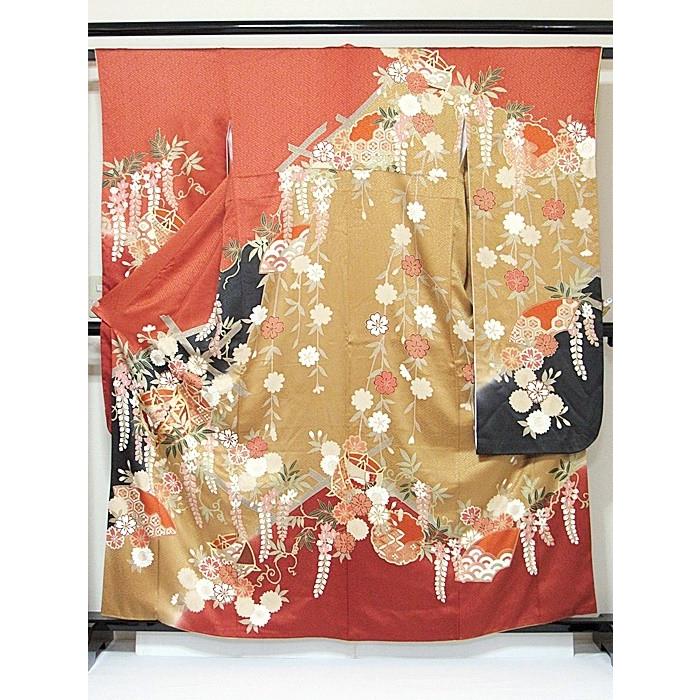 振袖 正絹 綸子 刺繍 雪輪 糸巻 桜 藤吉祥花 160cm前後の方 レ  