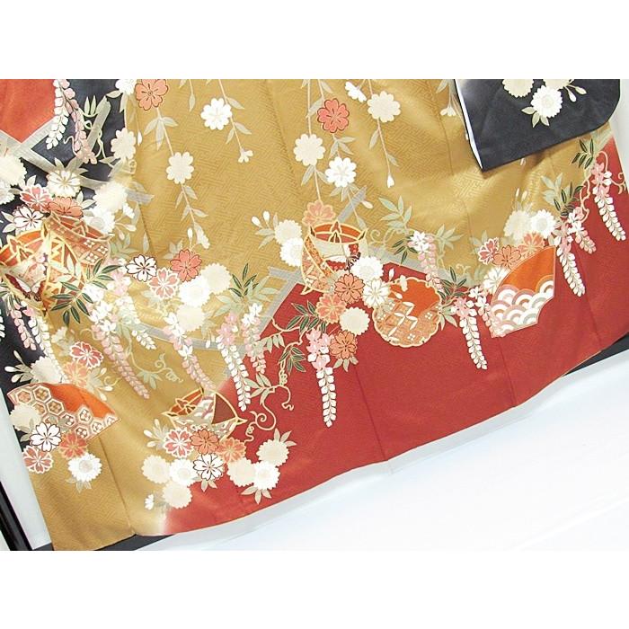 振袖 正絹 綸子 刺繍 雪輪 糸巻 桜 藤吉祥花 160cm前後の方 レ  