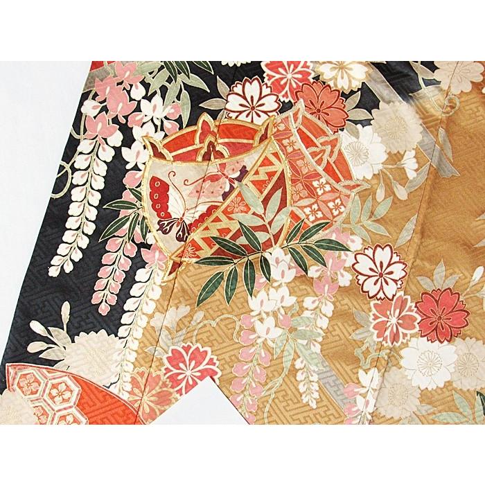 振袖 正絹 綸子 刺繍 雪輪 糸巻 桜 藤吉祥花 160cm前後の方 レ 