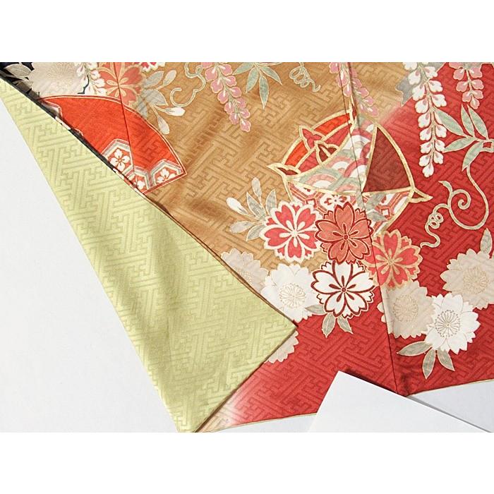 振袖 正絹 綸子 刺繍 雪輪 糸巻 桜 藤吉祥花 160cm前後の方 レ 