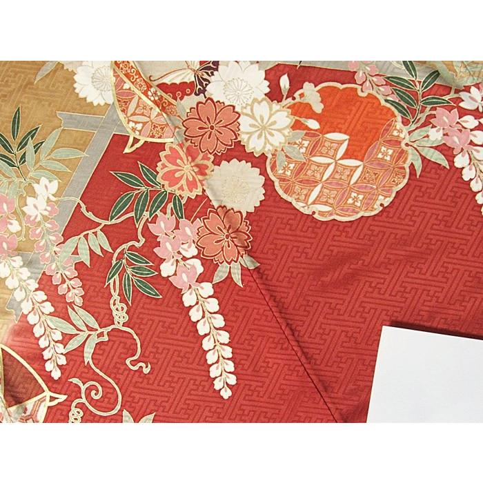 振袖 正絹 綸子 刺繍 雪輪 糸巻 桜 藤吉祥花 160cm前後の方 レ 