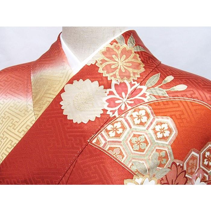 振袖 正絹 綸子 刺繍 雪輪 糸巻 桜 藤吉祥花 160cm前後の方 レ  